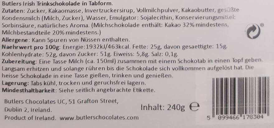 Butlers  Irish Trinkschokolade in Tabform