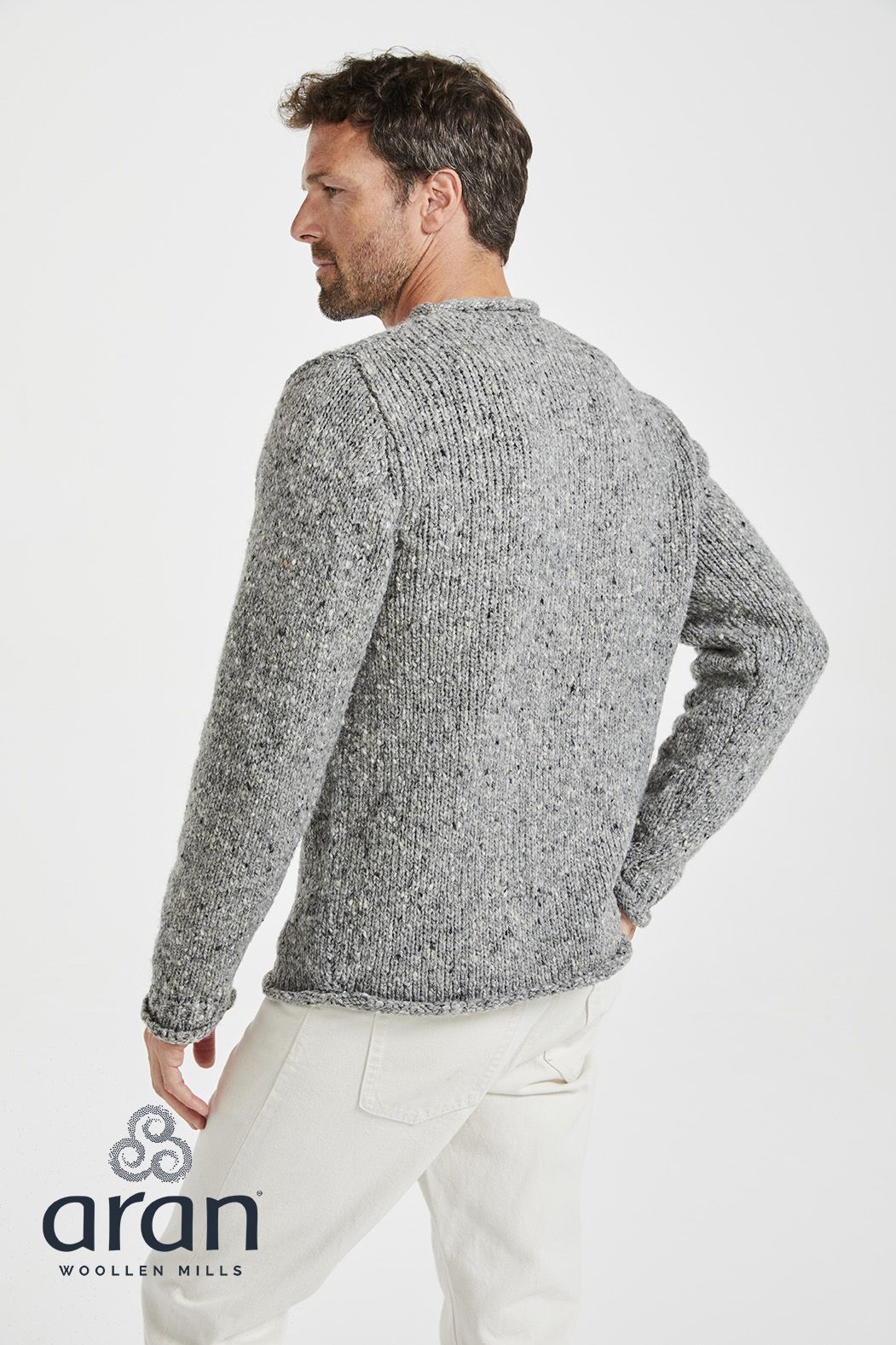 Herrenpullover aus 100% irischer Tweed-Wolle, grau meliert XL