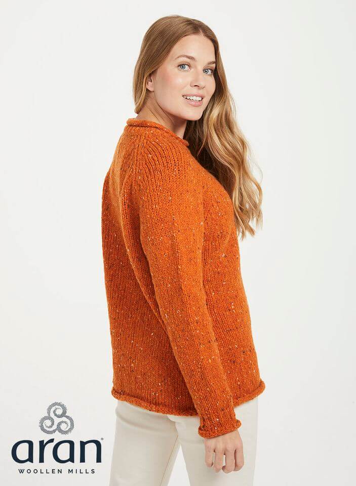 Irischer Damenpullover gestrickt aus Donegal Tweedwolle Seville Orange S