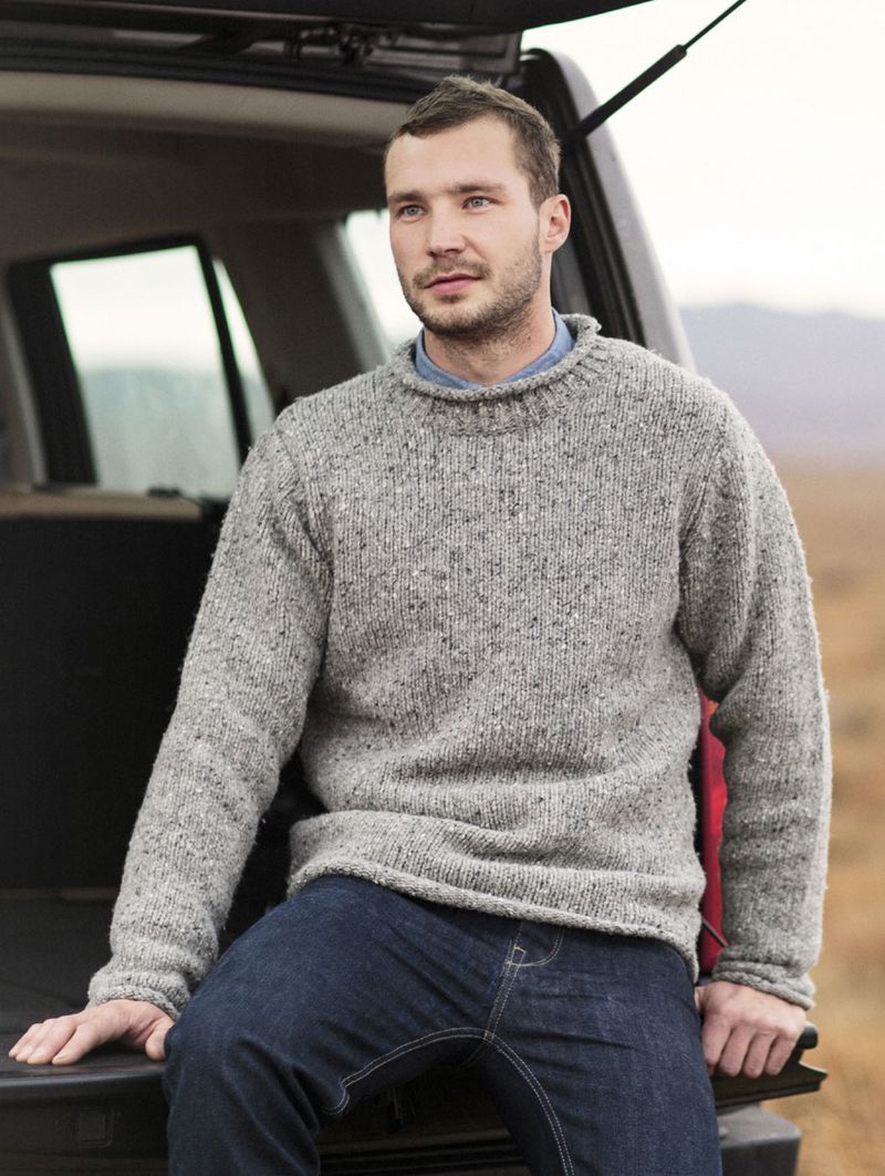 Herrenpullover aus 100% irischer Tweed-Wolle, grau meliert XL